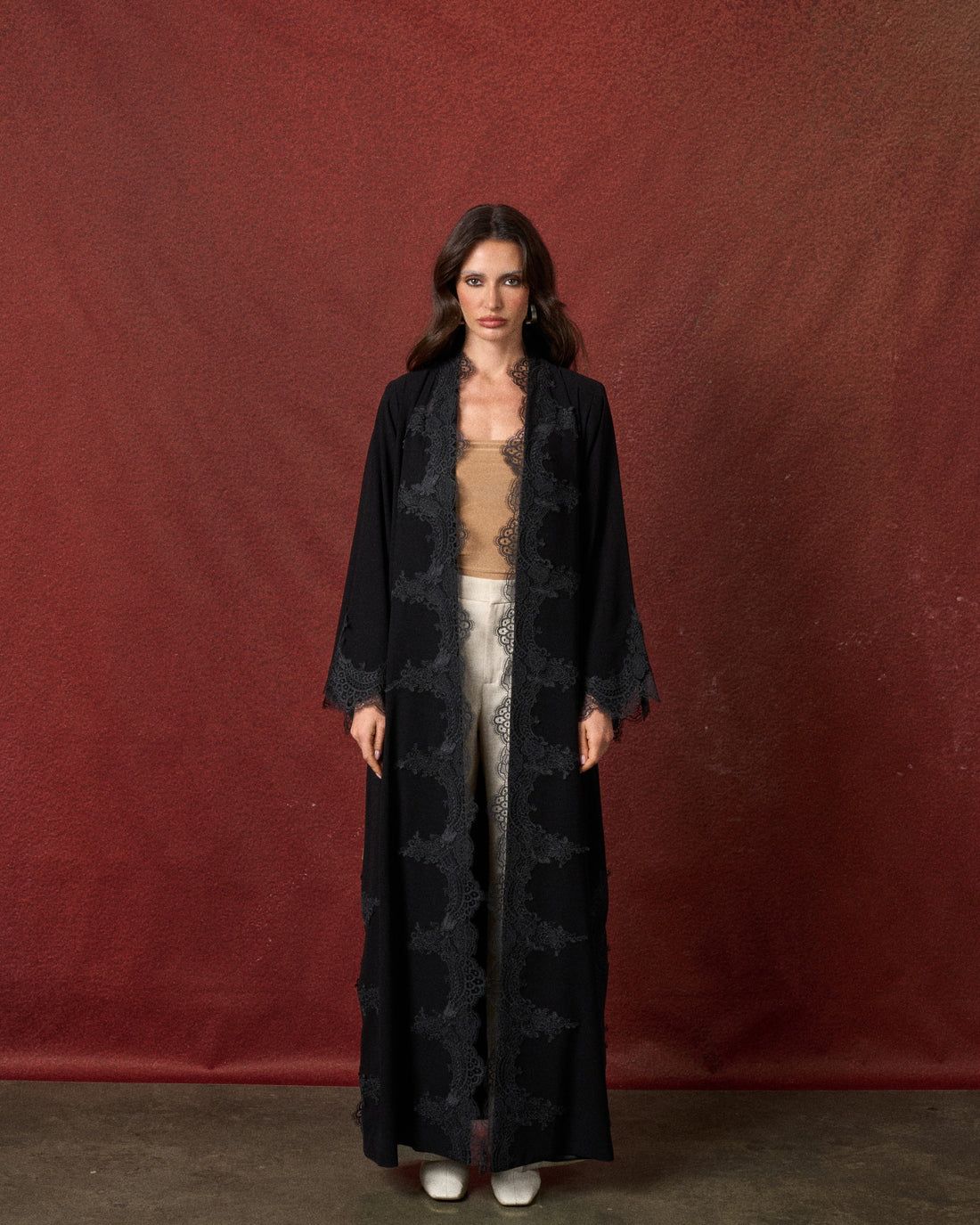 Buy online: the Lace Bloom abaya by Le Reflet, premium quality with floral lace detailing. Trending design, fast home delivery across Qatar and Doha.