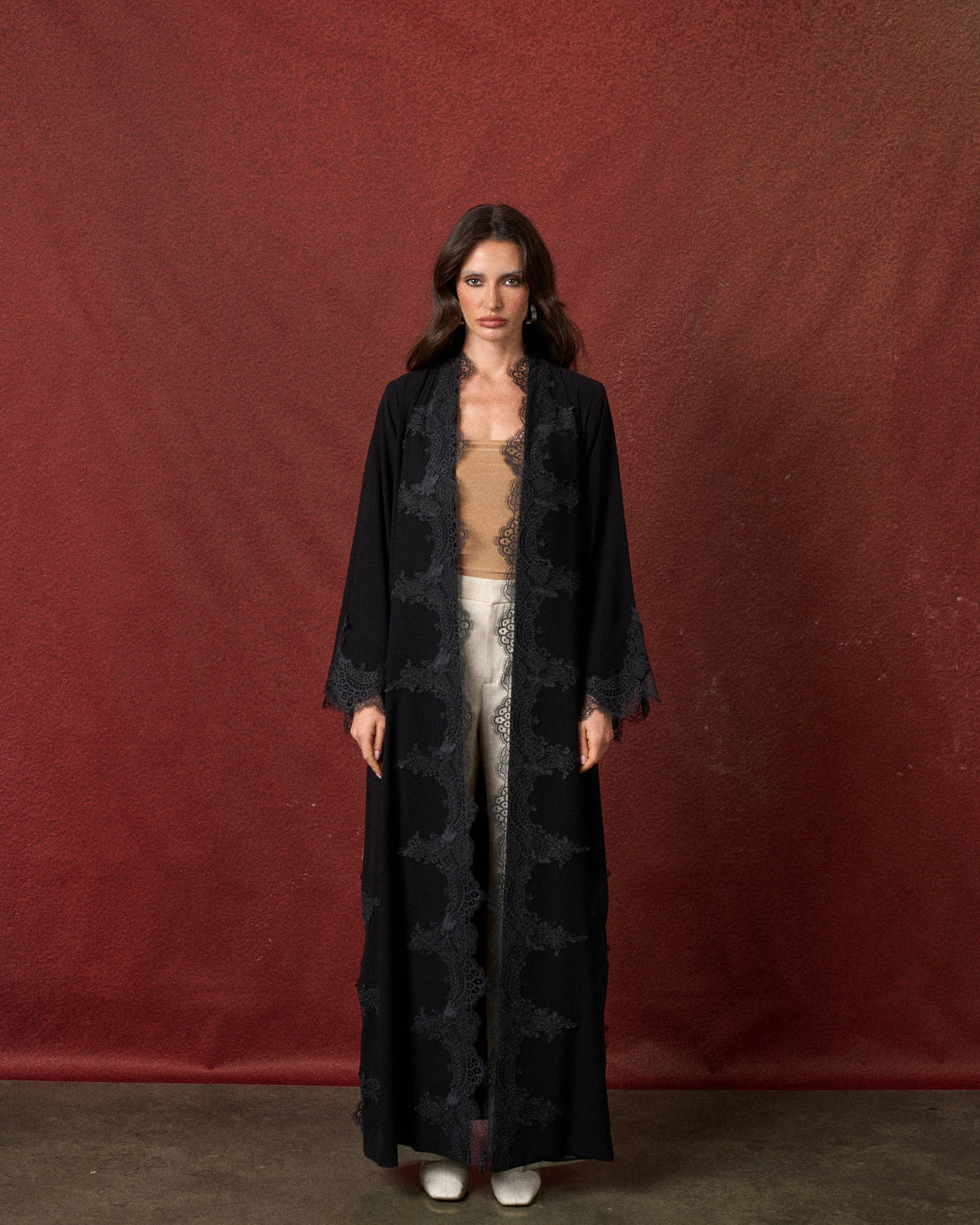 Buy online: the Lace Bloom abaya by Le Reflet, premium quality with floral lace detailing. Trending design, fast home delivery across Qatar and Doha.