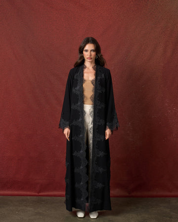 Buy online: the Lace Bloom abaya by Le Reflet, premium quality with floral lace detailing. Trending design, fast home delivery across Qatar and Doha.