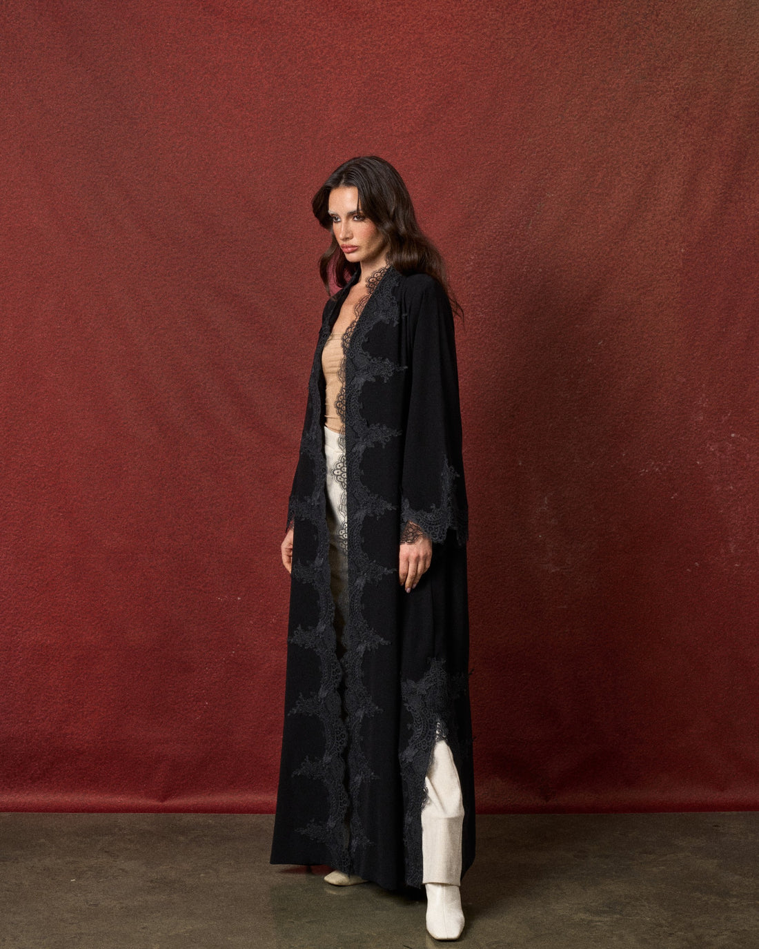 Buy online: the Lace Bloom abaya by Le Reflet, premium quality with floral lace detailing. Trending design, fast home delivery across Qatar and Doha.