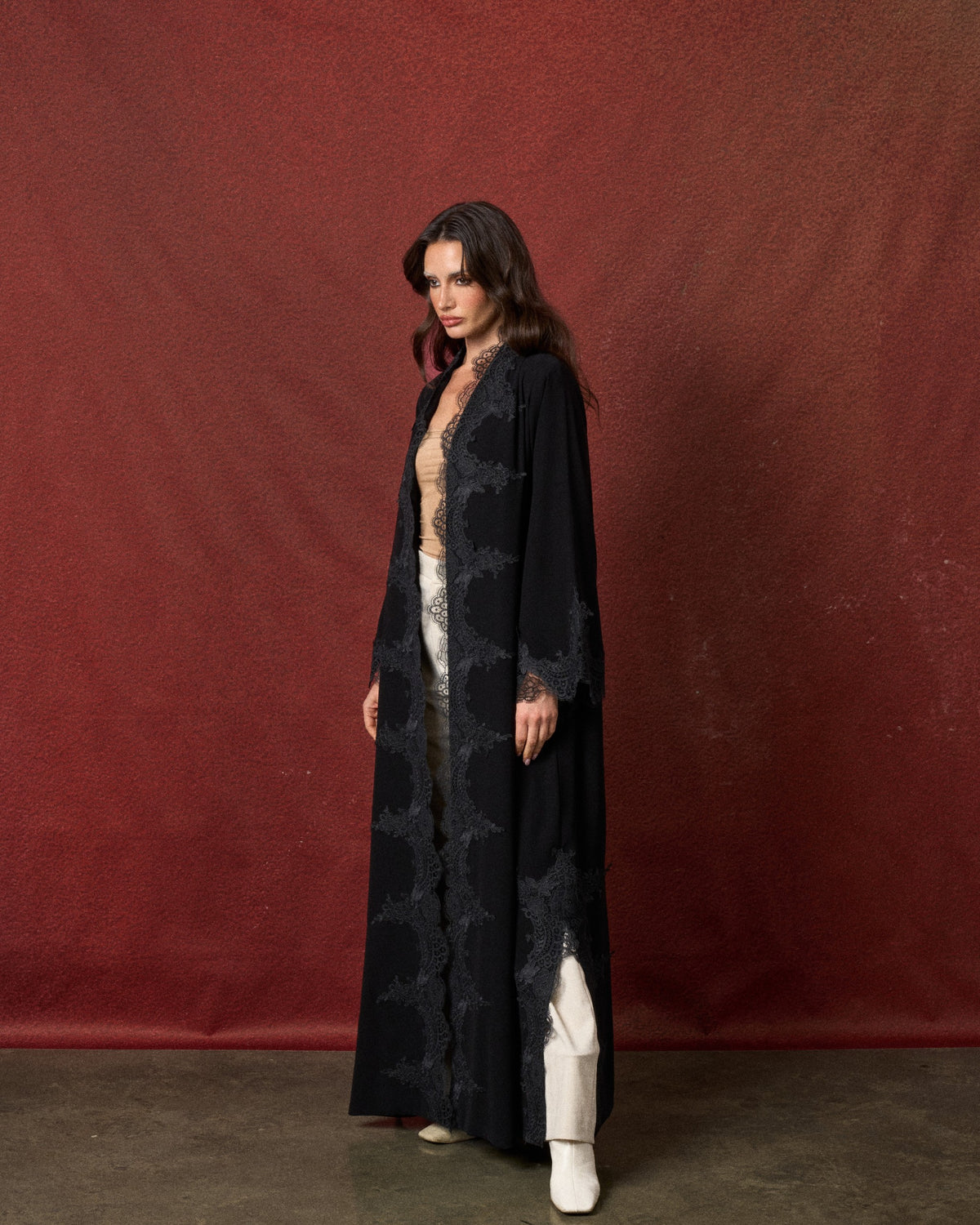 Buy online: the Lace Bloom abaya by Le Reflet, premium quality with floral lace detailing. Trending design, fast home delivery across Qatar and Doha.