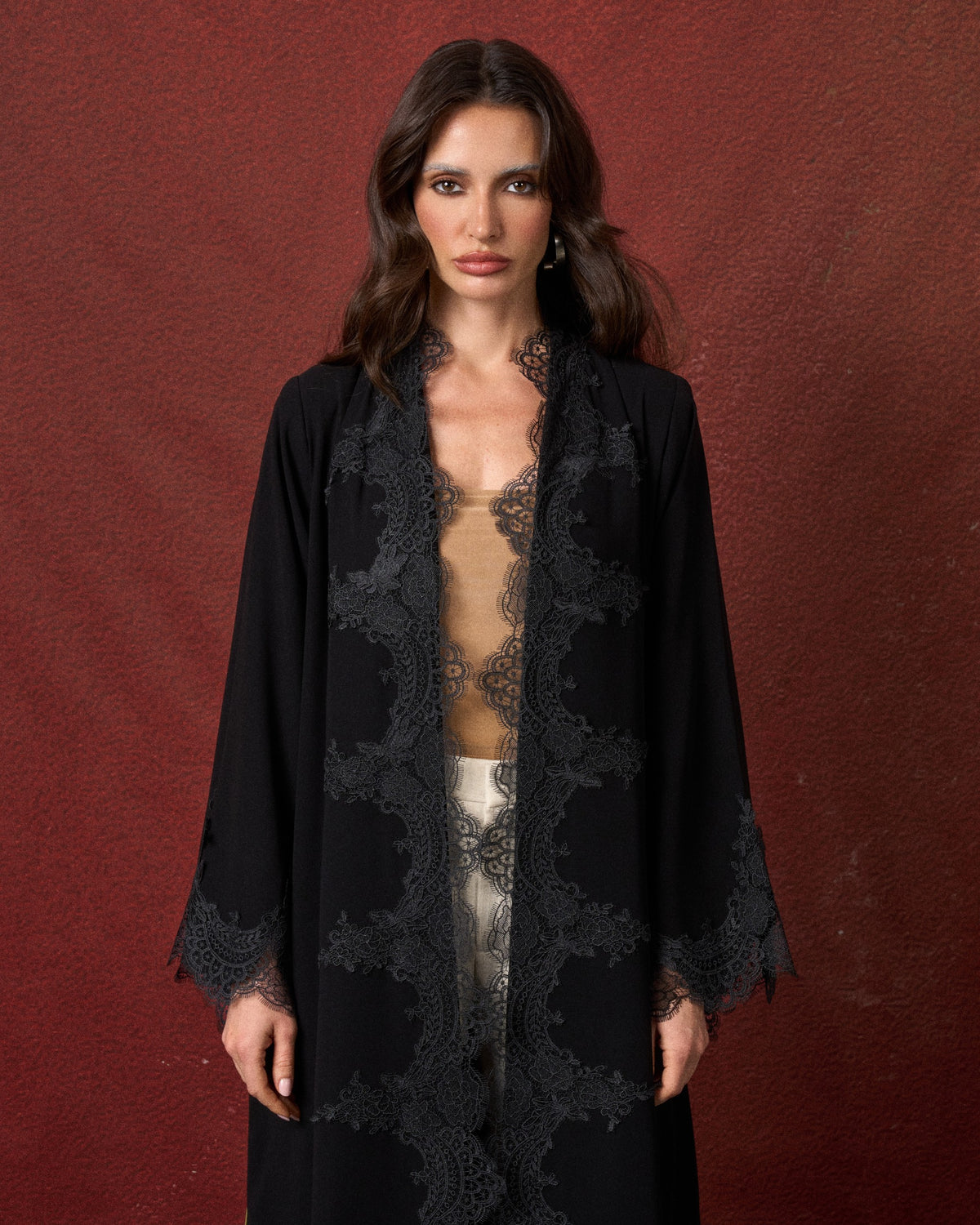 Buy online: the Lace Bloom abaya by Le Reflet, premium quality with floral lace detailing. Trending design, fast home delivery across Qatar and Doha.